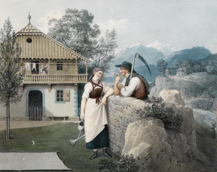 Girl with Watering Can and Farmer with Scythe in Front of a Gabled House